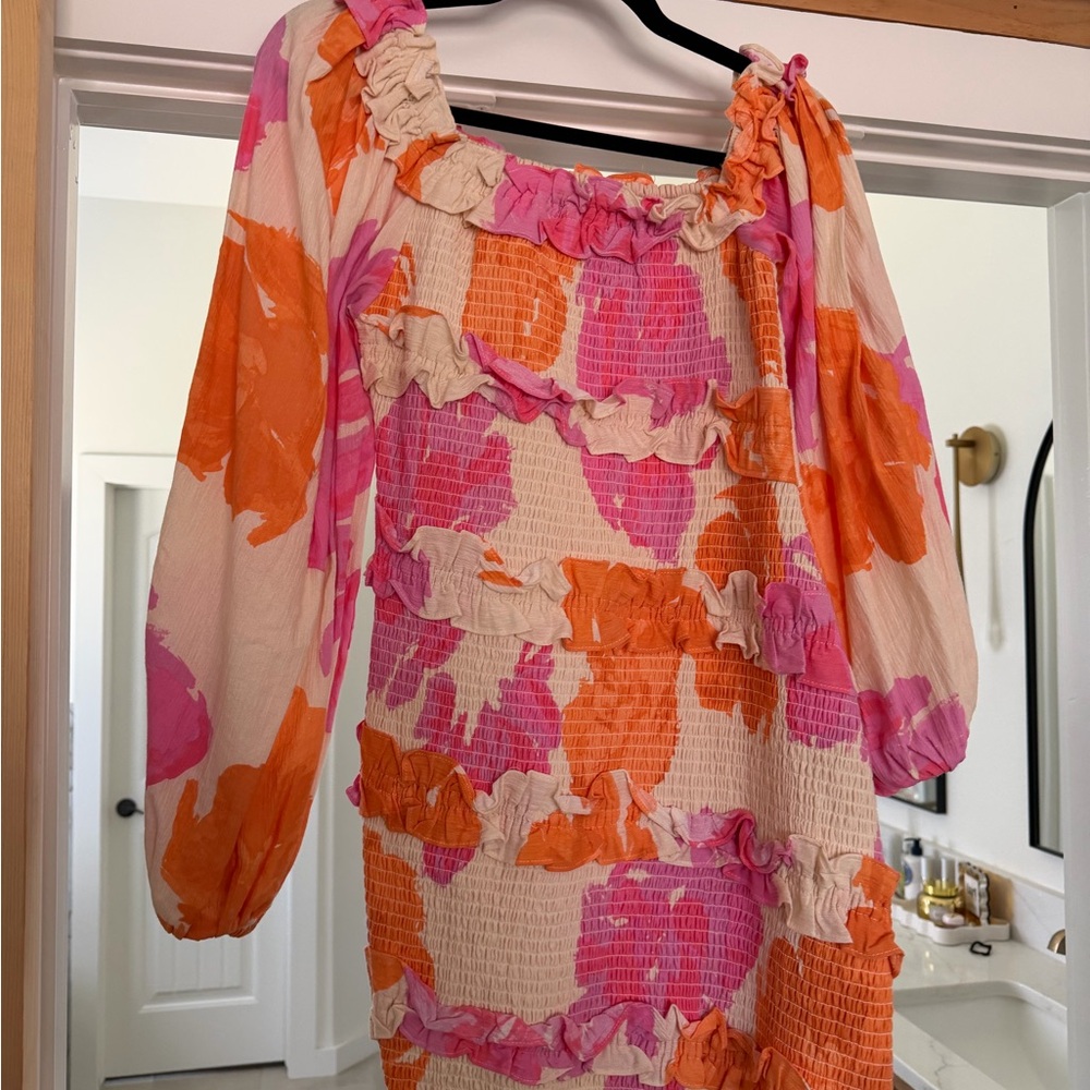 Smocked Ruffle Mini Dress in Pink & Orange Floral